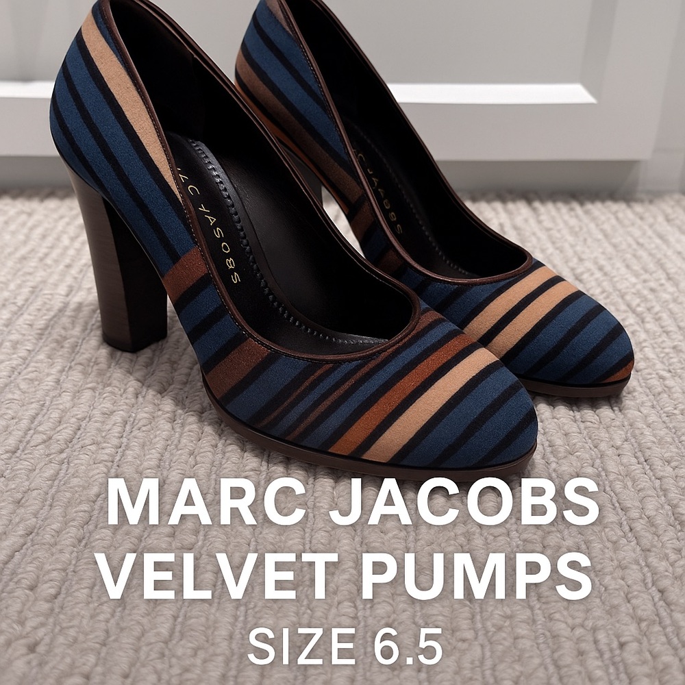 Marc Jacobs Striped Velvet Platform Pumps | Multicolor Navy/Peach | Size 6.5